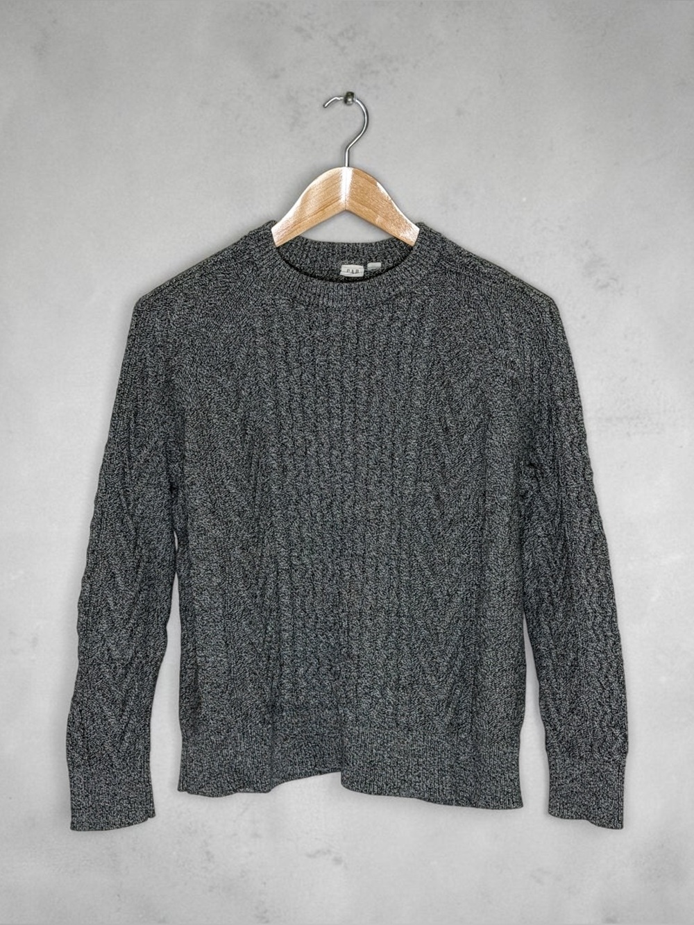 GAP Women’s XL Cable Knit Sweater Black White Marled 100% Cotton Crewneck